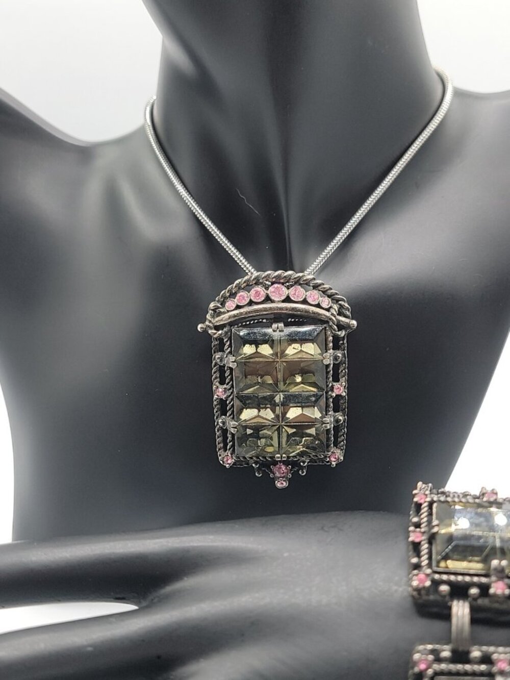 Sarah Coventry Midnight Magic Necklace & Bracelet Black w/Pink Grey Rhinestones - Picture 5 of 16